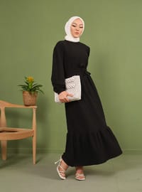 Crimp Crinkle Patterned Belt Detailed Dress Black