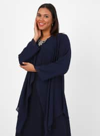 Navy Blue - Fully Lined - Crew neck - Modest Plus Size Evening Dress