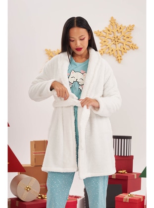 Nbb White Cute Cat Welsoft Single Dressing Gown