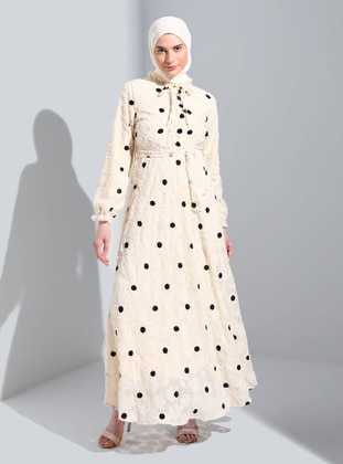 Ecru - Polka Dot - Point Collar - Fully Lined - Modest Dress  - Bürün