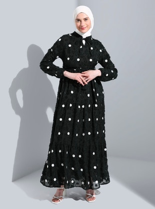Khaki - Polka Dot - Point Collar - Fully Lined - Modest Dress  - Bürün