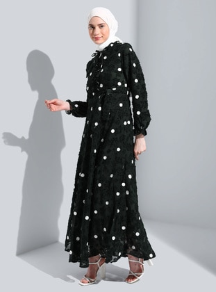 Khaki - Polka Dot - Point Collar - Fully Lined - Modest Dress  - Bürün