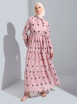 Powder Pink - Polka Dot - Point Collar - Fully Lined - Modest Dress  - Bürün