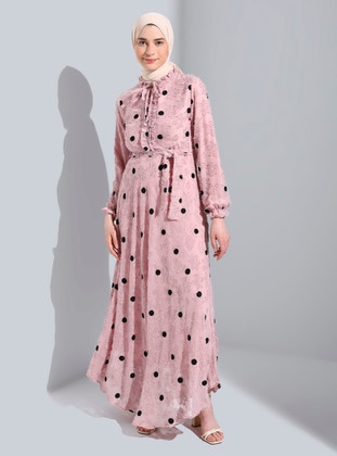 Powder Pink - Polka Dot - Point Collar - Fully Lined - Modest Dress  - Bürün