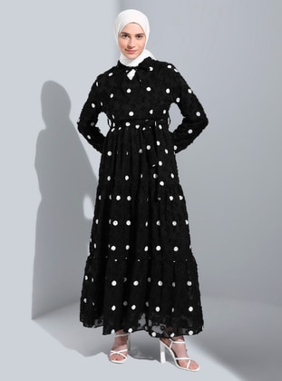 Black - Polka Dot - Point Collar - Fully Lined - Modest Dress  - Bürün