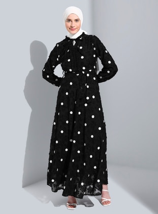 Black - Polka Dot - Point Collar - Fully Lined - Modest Dress  - Bürün
