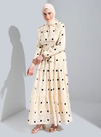 Ecru - Polka Dot - Point Collar - Fully Lined - Modest Dress