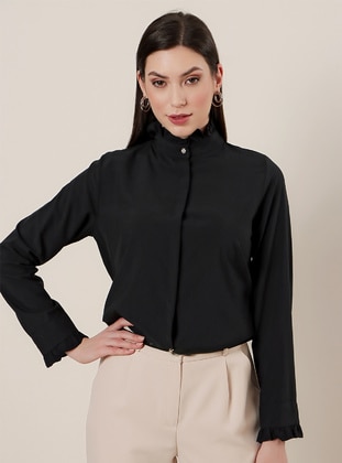 Imported Micro Crepe Shirt With Collar And Sleeve Ruffles Black