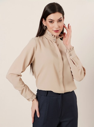 Imported Micro Crepe Shirt Beige With Collar And Sleeve Ruffles