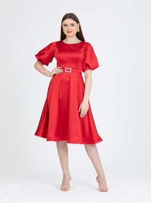 Fully Lined - Red - Crew neck - Evening Dresses - Drape