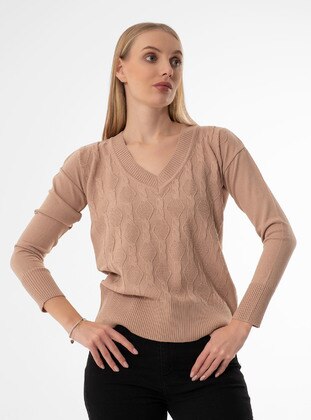 Beige - Unlined - V neck Collar - Knit Sweaters - Armağan Butik