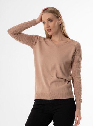Beige - Unlined - V neck Collar - Knit Sweaters - Armağan Butik