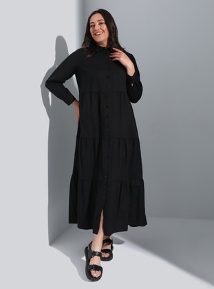 Black - Unlined - Button Collar - Point Collar - Plus Size Dress - Alia