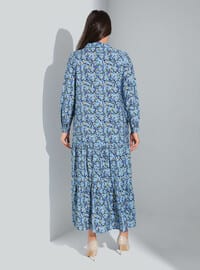 Blue Patterned - Multi - Unlined - Crew neck - Plus Size Dress