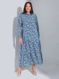 Blue Patterned - Multi - Unlined - Crew neck - Plus Size Dress