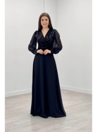 Sequin Fabric Sleeves Tulle Evening Dress Black