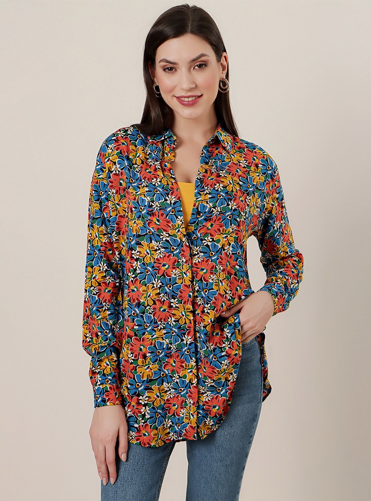 Blue - Floral - Cuban Collar - Blouses