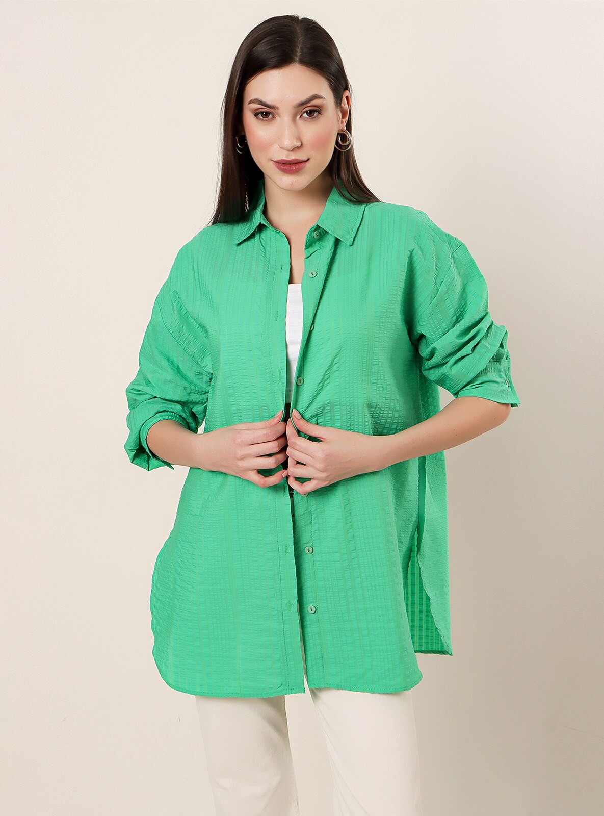 Green - Multi - Cuban Collar - Blouses