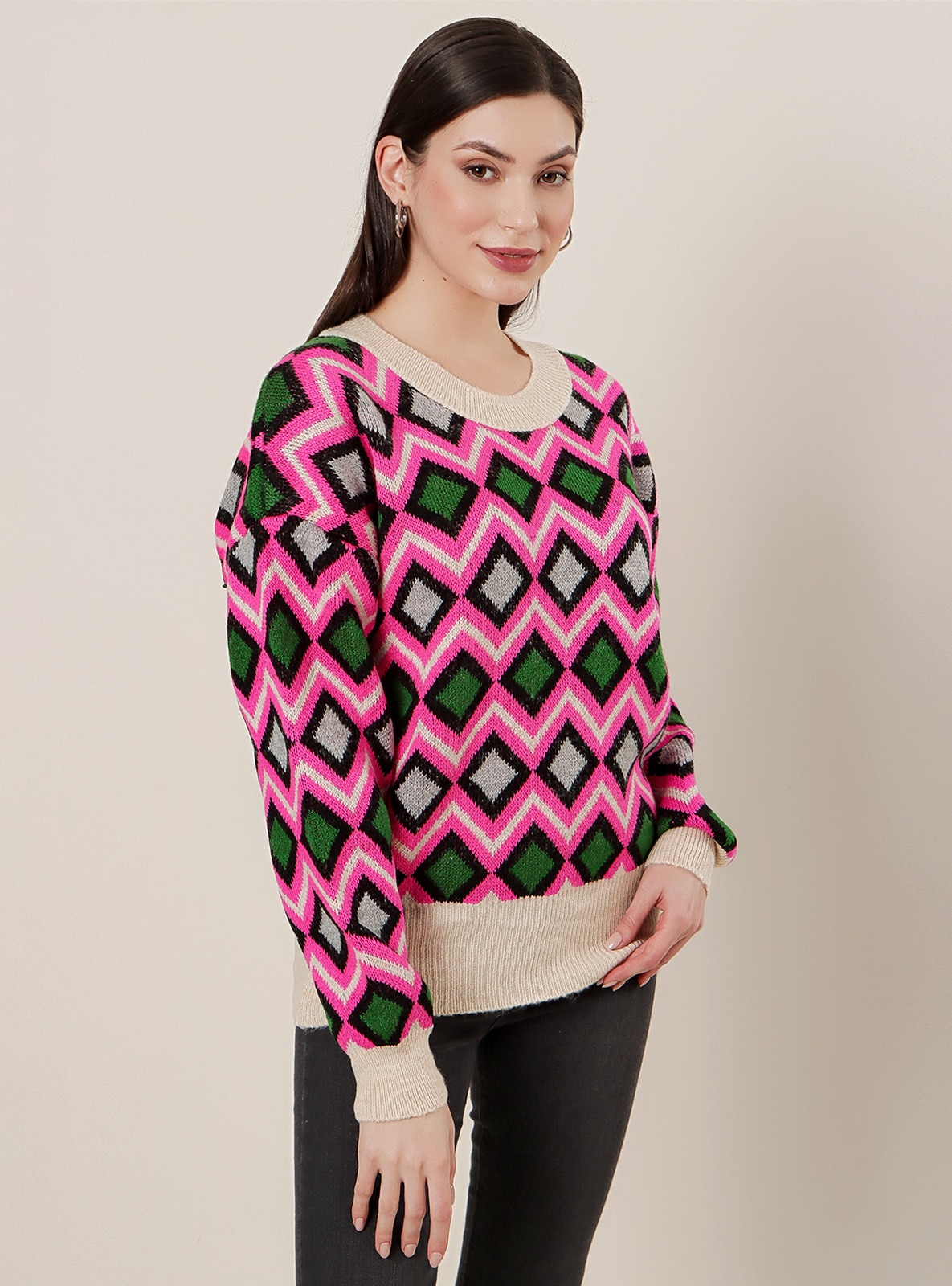 Fuchsia Crew neck Knit Sweaters