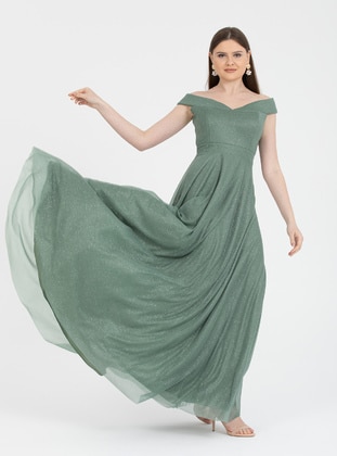 Fully Lined - Dark Green Almond - Boat neck - Evening Dresses - MEKSİLA