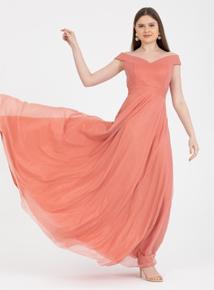 Fully Lined - Reddish Pink - Boat neck - Evening Dresses  - Meksila