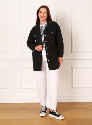 Black - Point Collar - Unlined - Plus Size Jacket - Alia