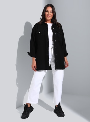 Black - Point Collar - Unlined - Plus Size Jacket - Alia