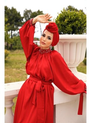 AHEL Red Modest Evening Dress