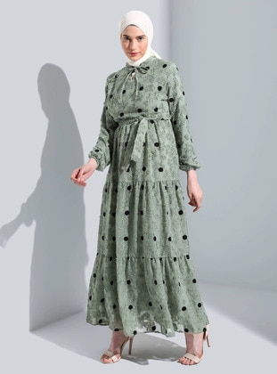 Mint Green - Polka Dot - Point Collar - Fully Lined - Modest Dress  - Bürün