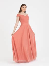 Fully Lined - Reddish Pink - Boat neck - Evening Dresses