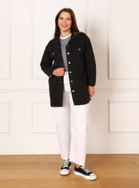 Black - Point Collar - Unlined - Plus Size Jacket