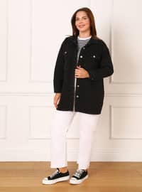 Black - Point Collar - Unlined - Plus Size Jacket