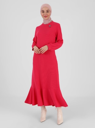 Plain Knitwear Modest Dress Fuchsia