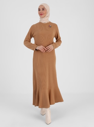 Plain Knitwear Modest Dress Camel