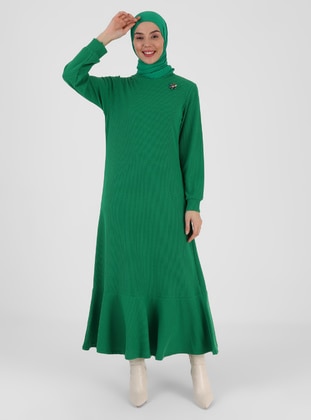 Green - Unlined - Crew neck - Knit Dresses - ZENANE