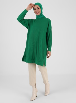 Green - Crew neck - Unlined - Knit Tunics - ZENANE