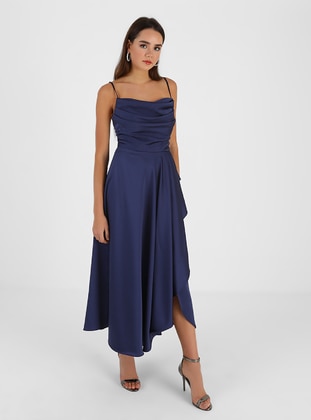 Half Lined - Navy Blue - Evening Dresses - Drape