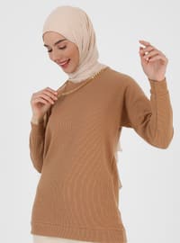 Camel - Crew neck - Unlined - Knit Tunics