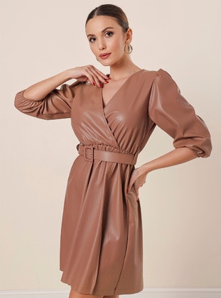 Camel - Double-Breasted - Modest Dress - By Saygı