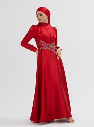 Red - Fully Lined - Crew neck - Modest Evening Dress - HÜMEYRA MODA