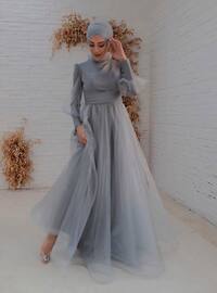 Grey - Fully Lined - Crew neck - Modest Evening Dress