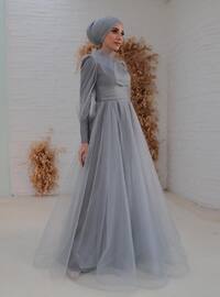 Grey - Fully Lined - Crew neck - Modest Evening Dress