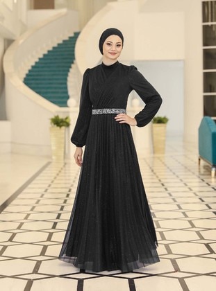 Black - Fully Lined - Crew neck - Modest Evening Dress - Azra Design