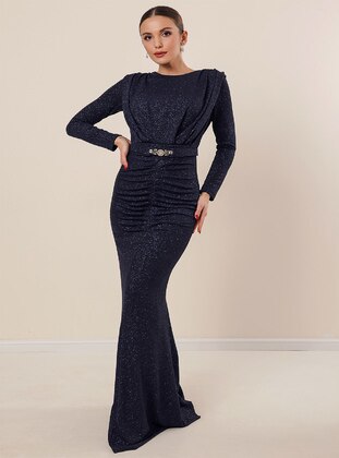Lined Silvery Long Dress With Smocked Front Navy Blue