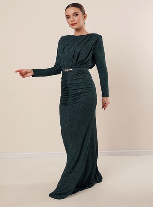 Fully Lined - Silvery - Emerald - Crew neck - Evening Dresses - By Saygı