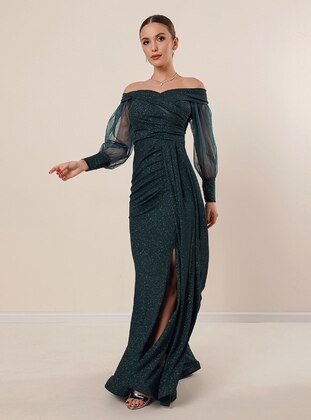 Fully Lined - Silvery - Emerald - Evening Dresses - By Saygı
