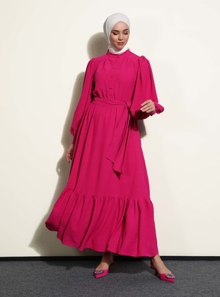 Fuchsia - Button Collar - Unlined - Modest Dress - Refka