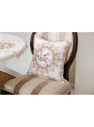 Frame Printed Fabric Cream-Beige Floral Cushion Cover 45X45 Cm 1441