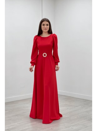 Crepe Fabric Belt Detailed Evening Dress Red
