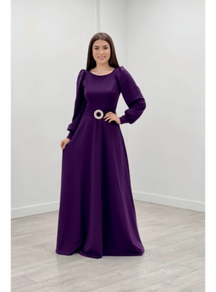 Crepe Fabric Evening Dress With Belt Detail Patlıcan Purple
